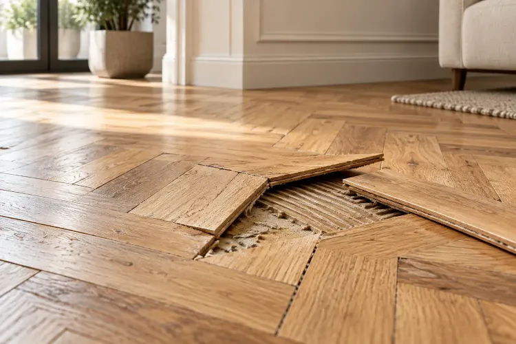 Damaged oak parquet floor requiring professional repair