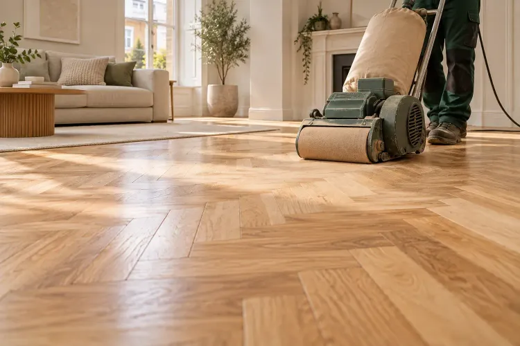 Professional floor sanding on oak parquet in London